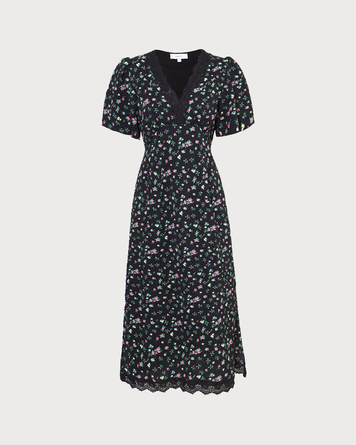 The Black V Neck Lace Floral Print Midi Dress sold by rihoas