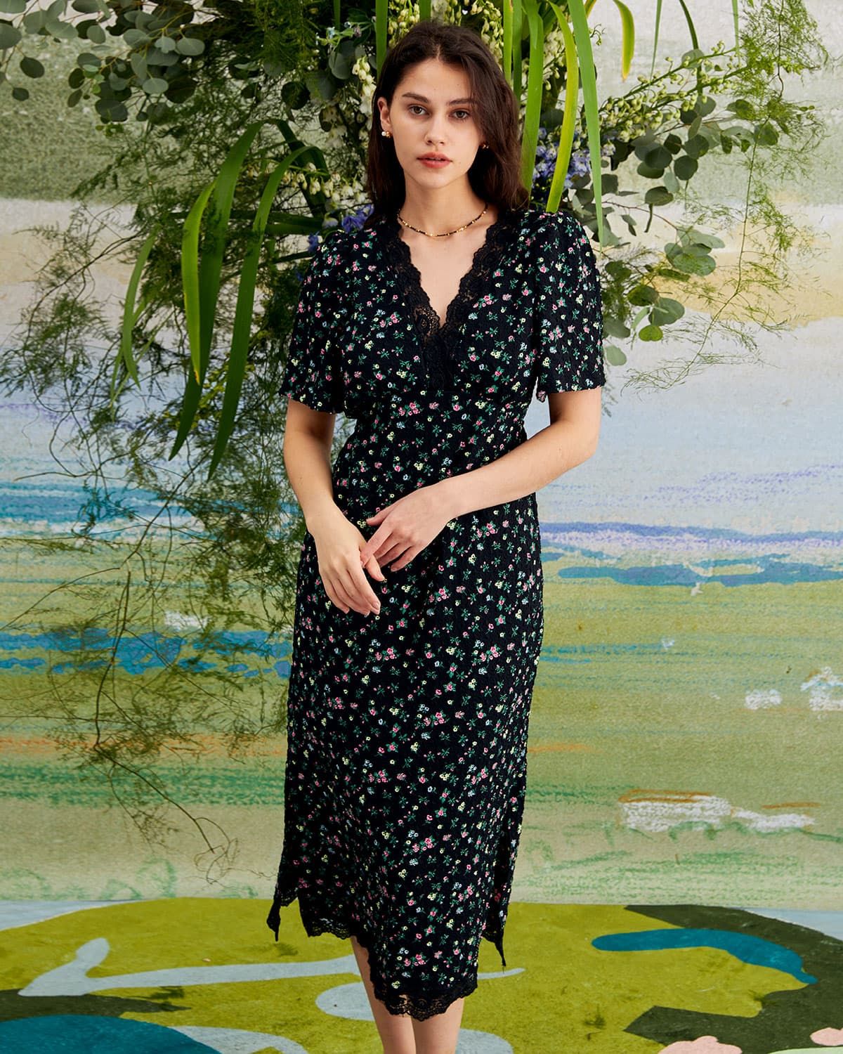 The Black V Neck Lace Floral Print Midi Dress sold by rihoas product image thumbnail 5