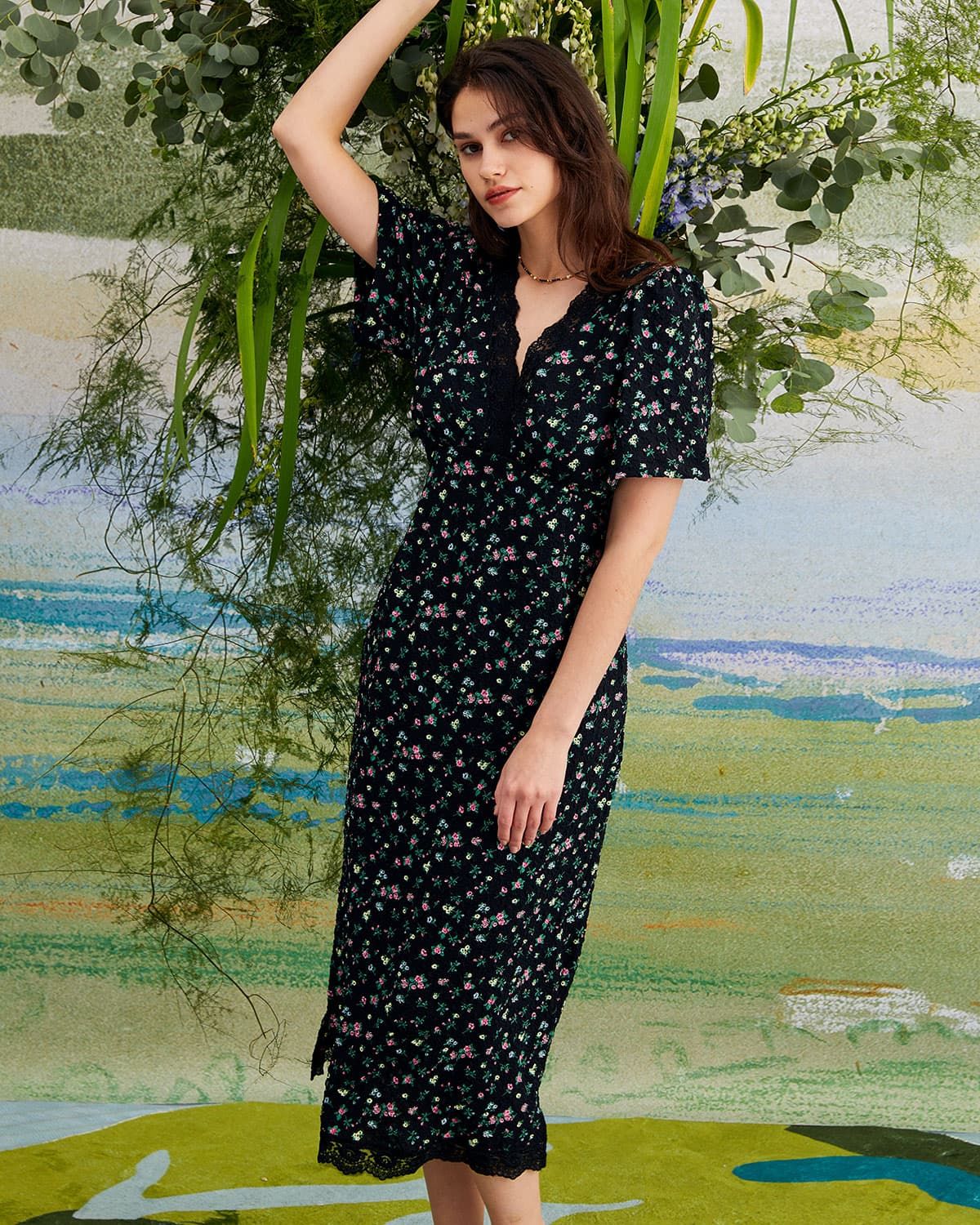 The Black V Neck Lace Floral Print Midi Dress sold by rihoas product image thumbnail 4