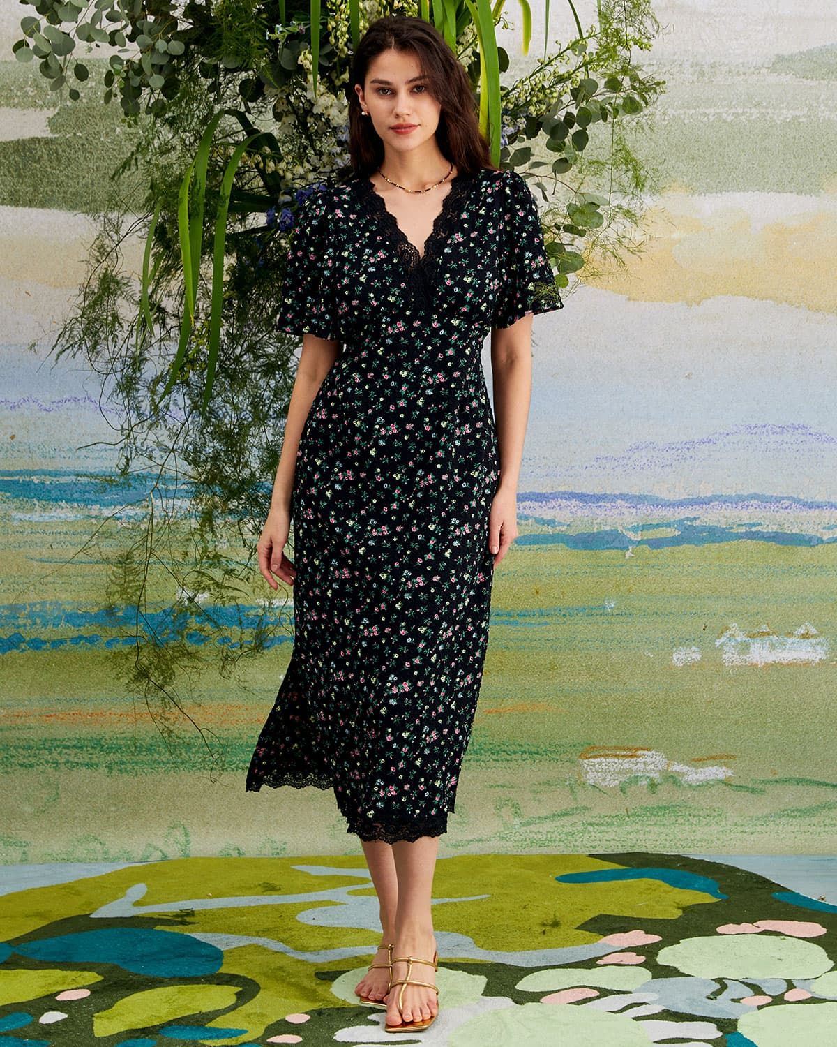 The Black V Neck Lace Floral Print Midi Dress sold by rihoas product image thumbnail 2