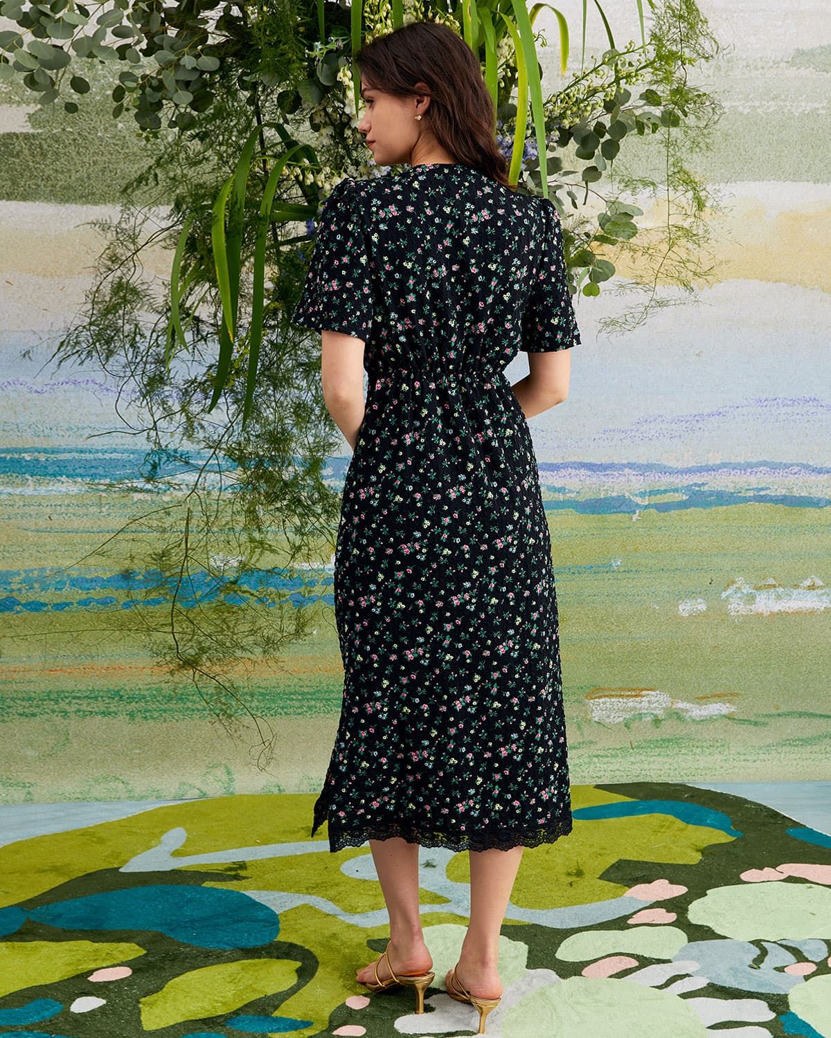 The Black V Neck Lace Floral Print Midi Dress sold by rihoas product image thumbnail 7