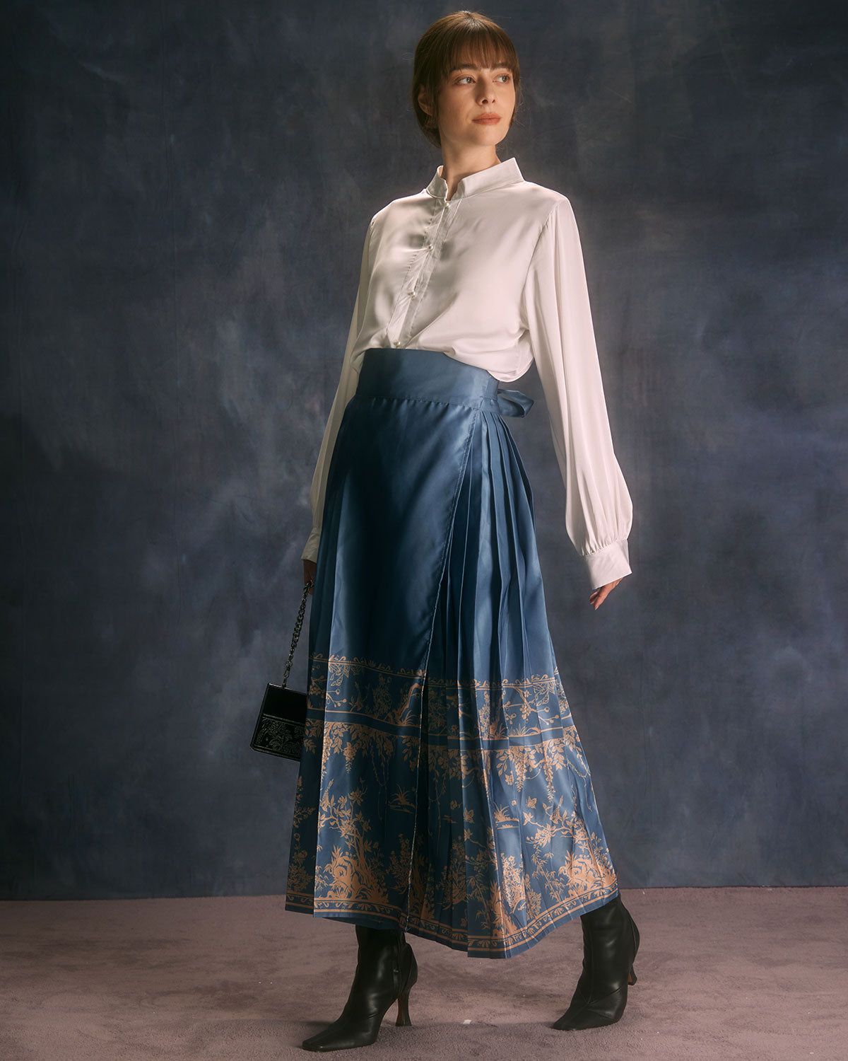 The Blue Drawstring Pleated Wrap Midi Skirt sold by rihoas product image thumbnail 3