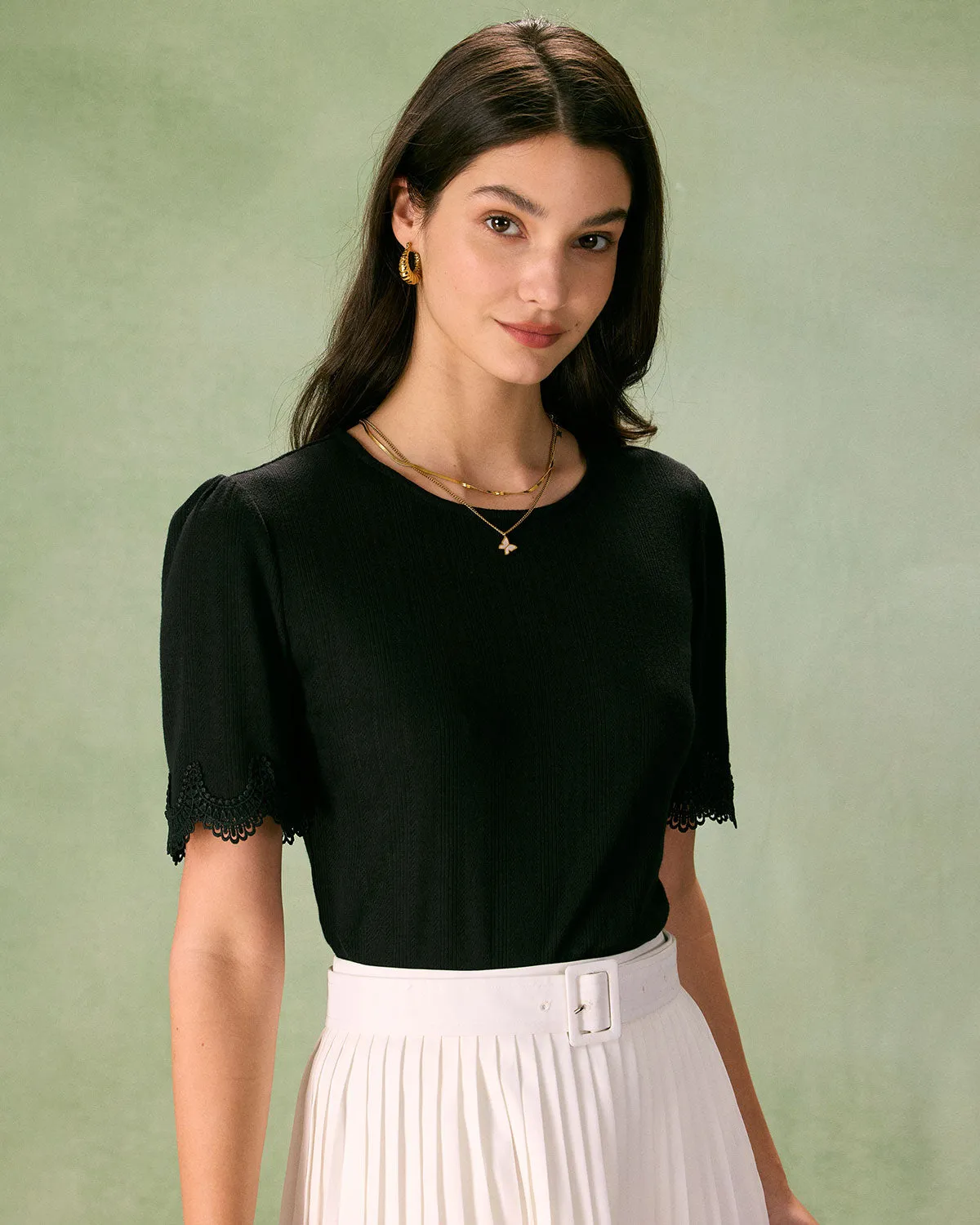 The Black Round Neck Lace Trim Tee sold by rihoas product image thumbnail 2