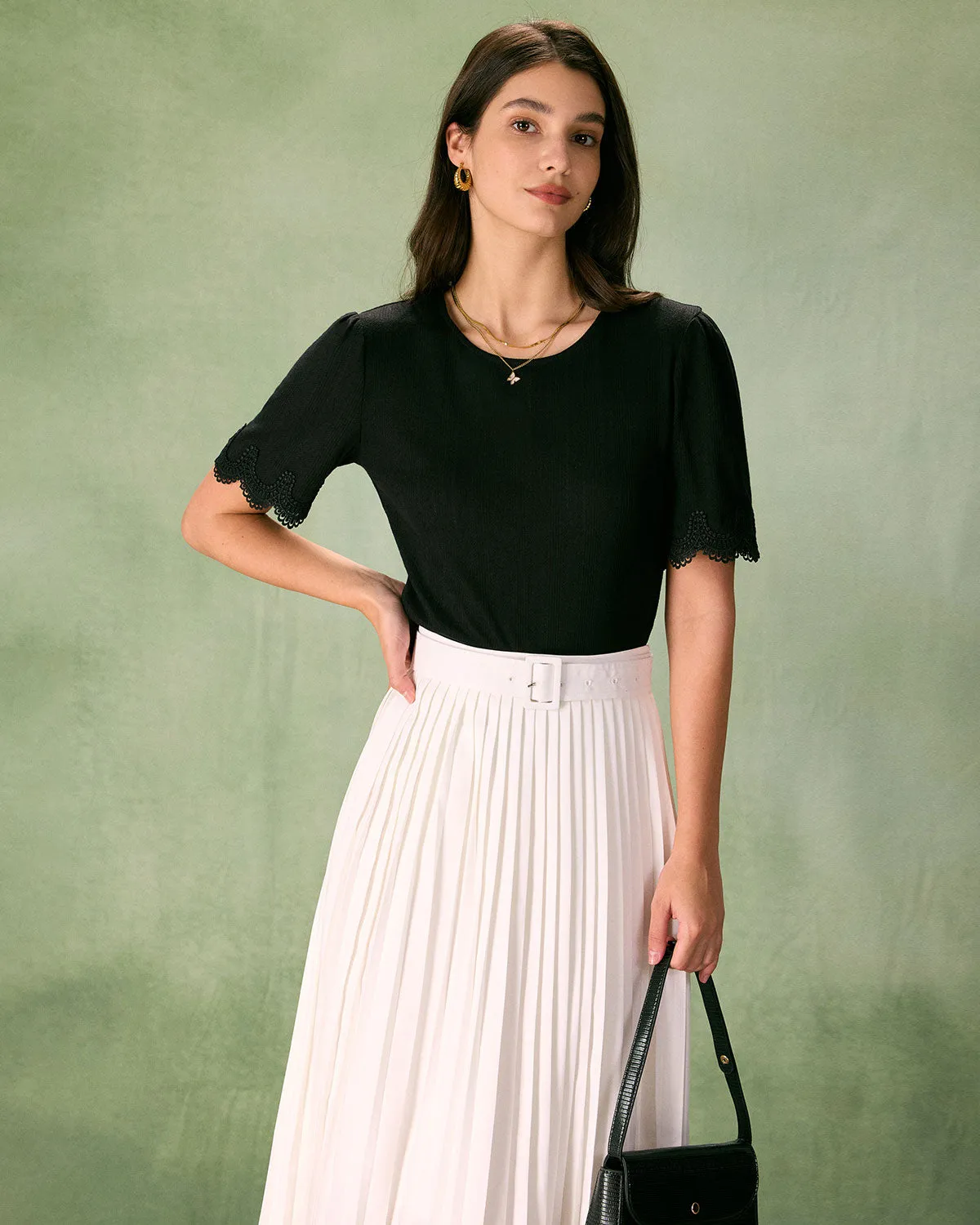 The Black Round Neck Lace Trim Tee sold by rihoas product image thumbnail 3