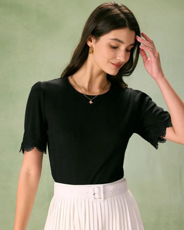 The Black Round Neck Lace Trim Tee sold by rihoas