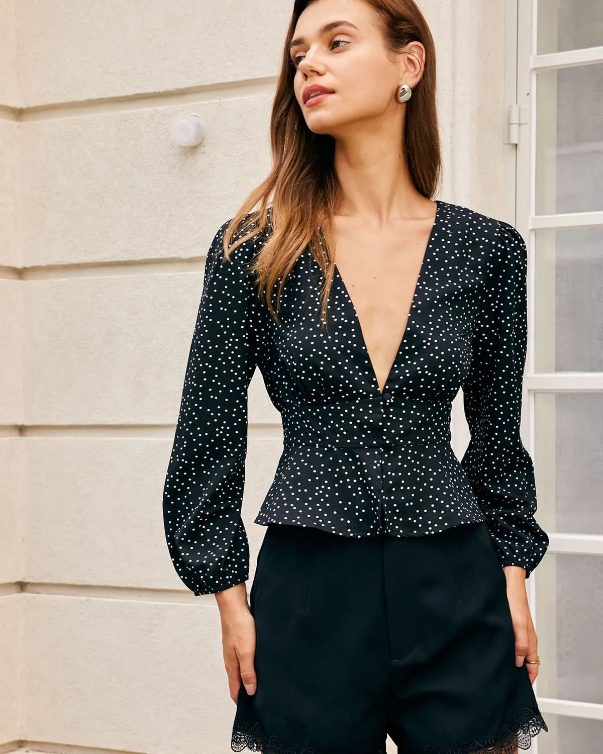 The Black V Neck Ruffle Polka Dot Blouse sold by rihoas product image thumbnail 4