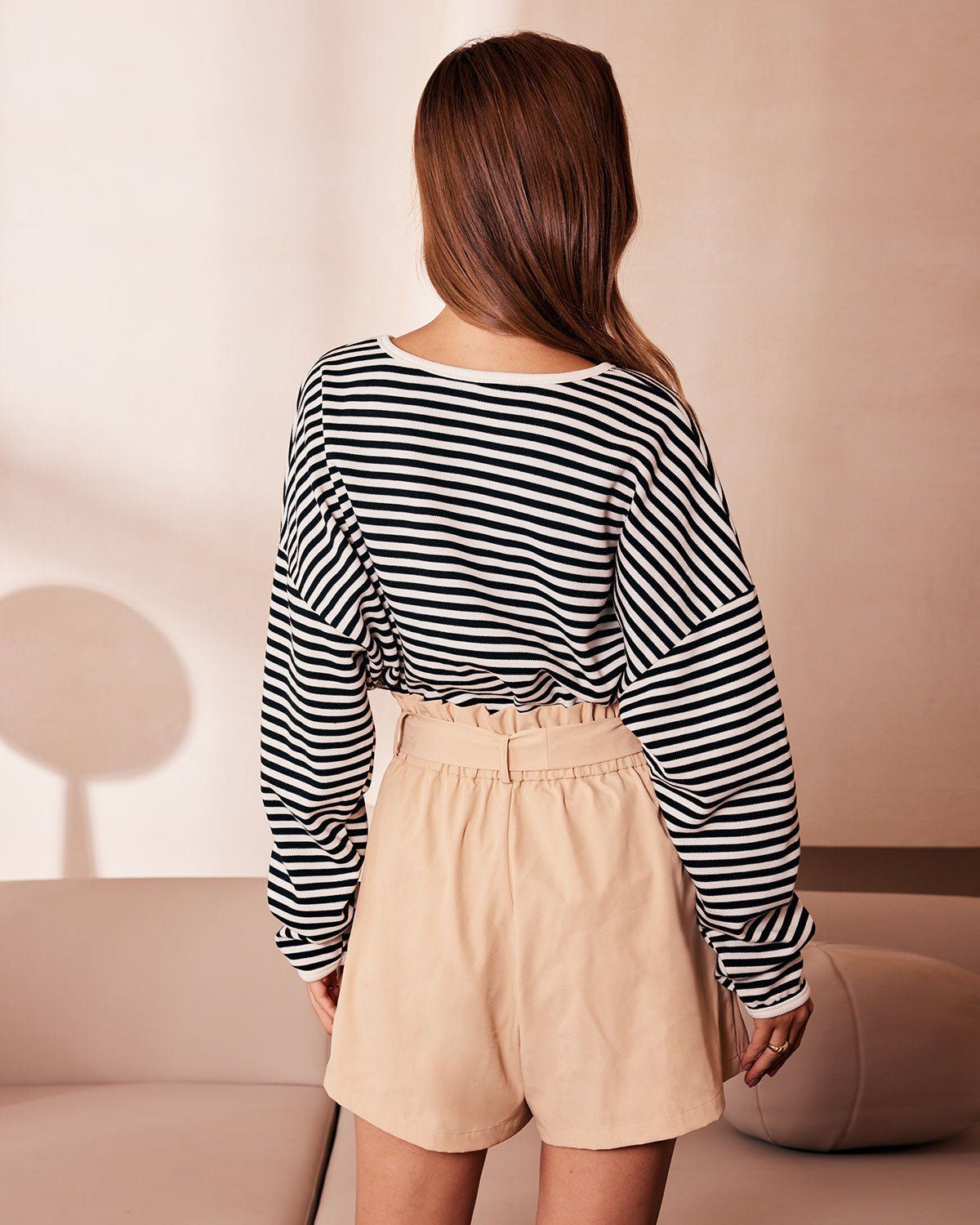 The Black Round Neck Striped Knit Sweatshirt sold by rihoas product image thumbnail 5