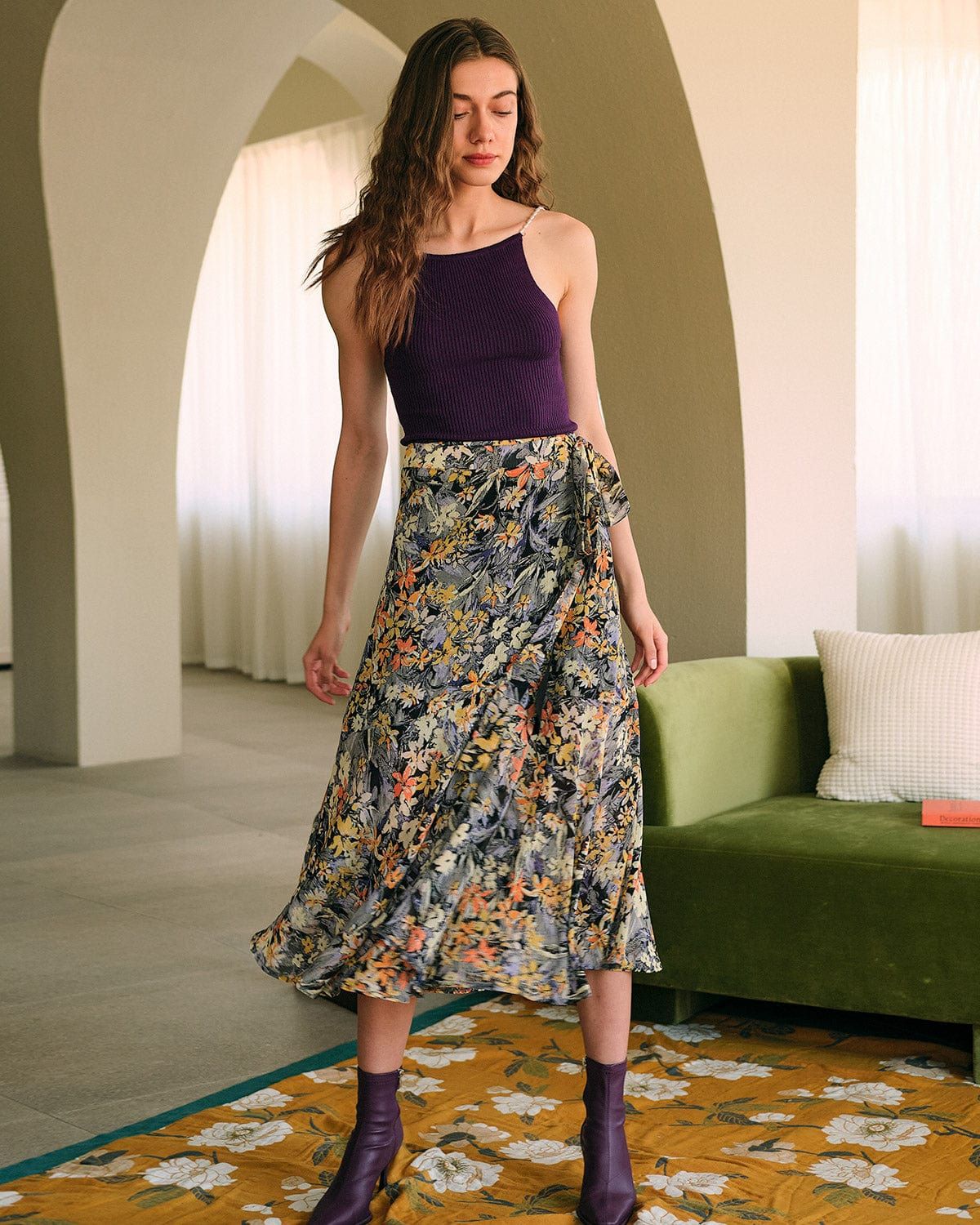 The Floral Knot High Waisted Wrap Slit Midi Skirt sold by rihoas product image thumbnail 3
