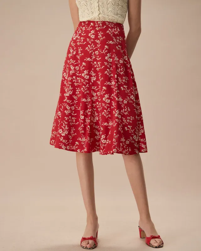 The Red High-Waisted Floral Midi Skirt sold by rihoas