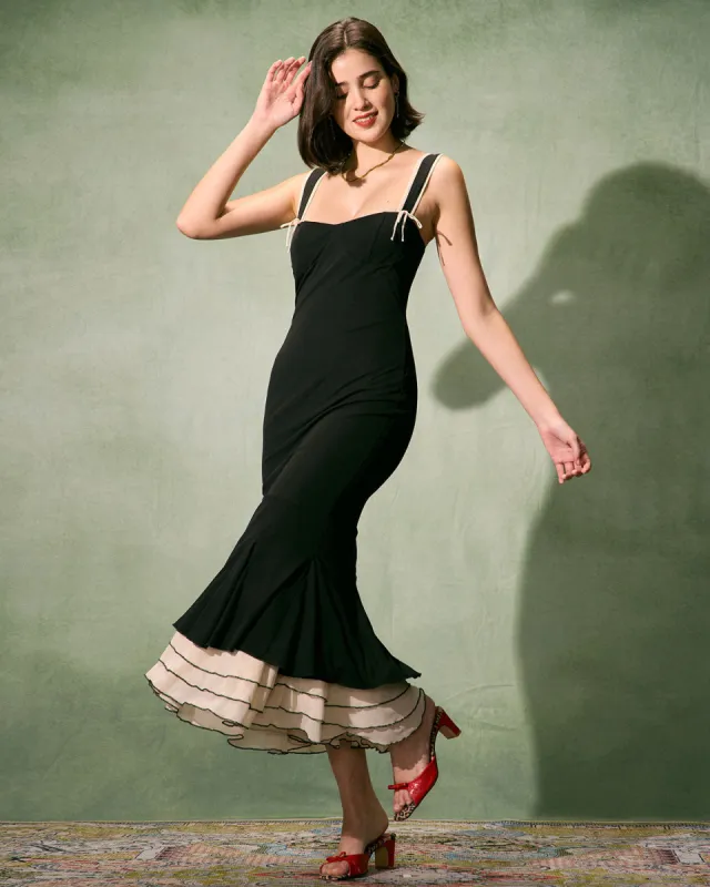 The Black Sweetheart Neck Bodycon Slip Maxi Dress sold by rihoas