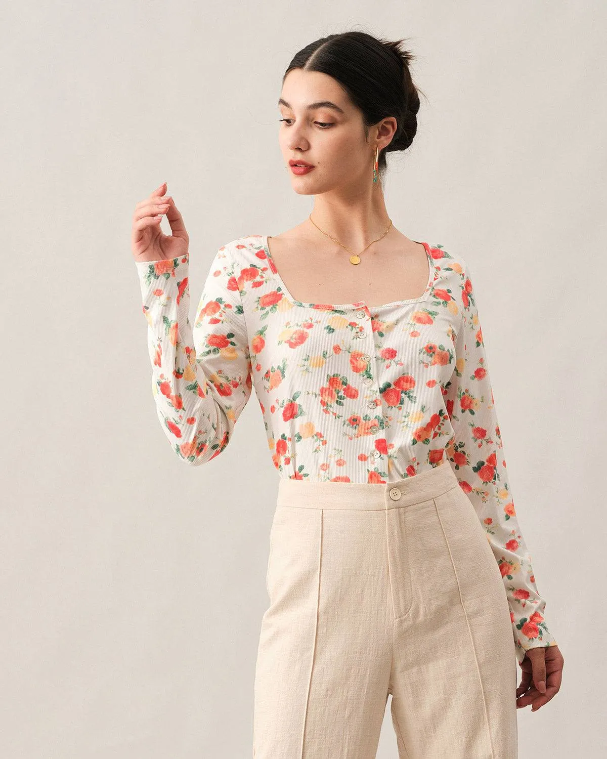 The Ribbed Floral Square Neck Knit Top sold by rihoas product image thumbnail 3