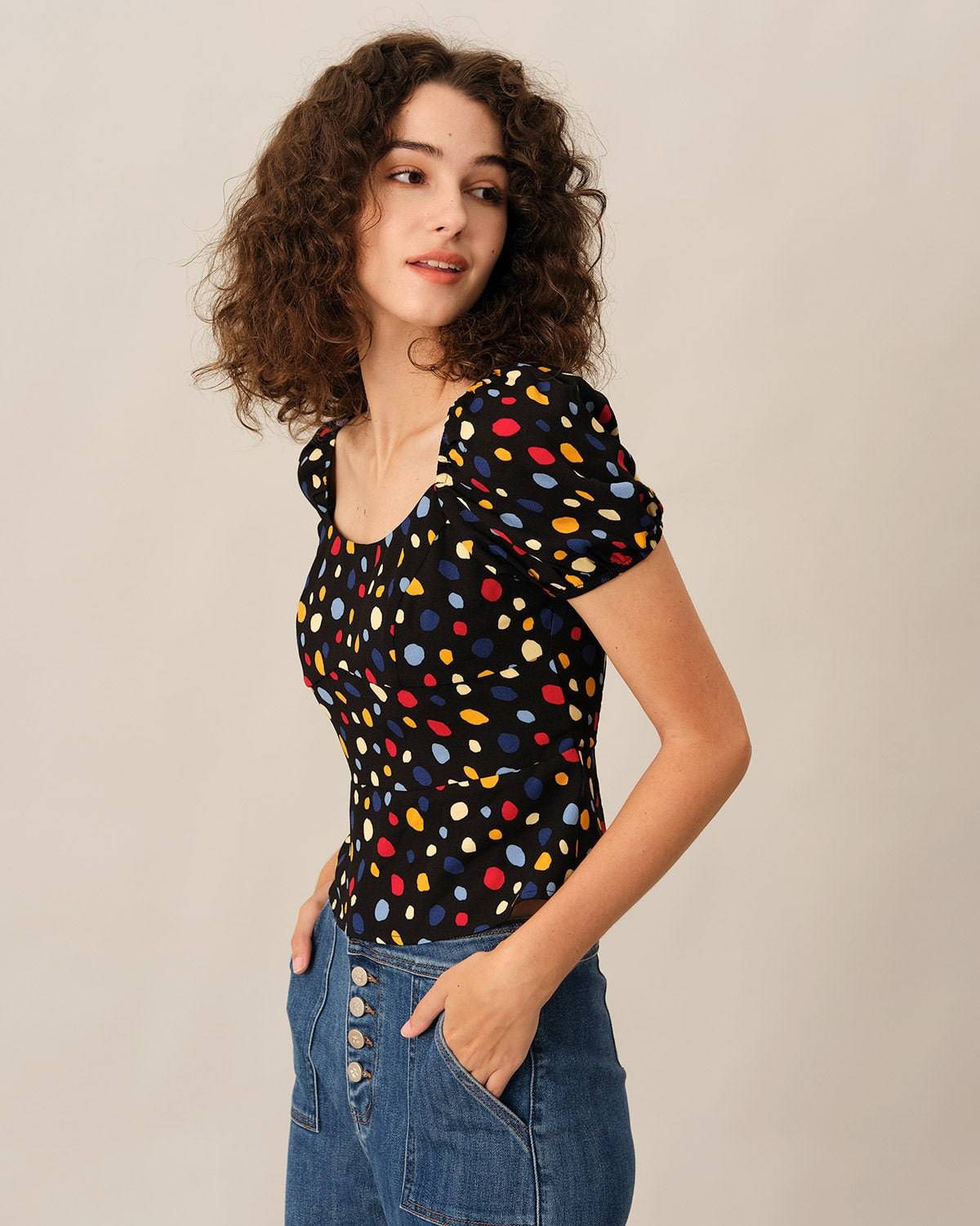 The Polka Dot Puff Sleeve Ruched Blouse sold by rihoas product image thumbnail 3