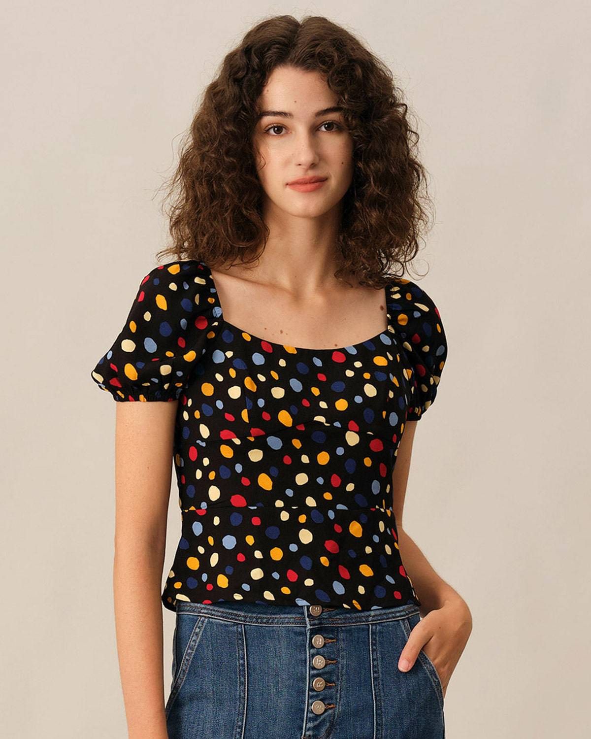 The Polka Dot Puff Sleeve Ruched Blouse sold by rihoas