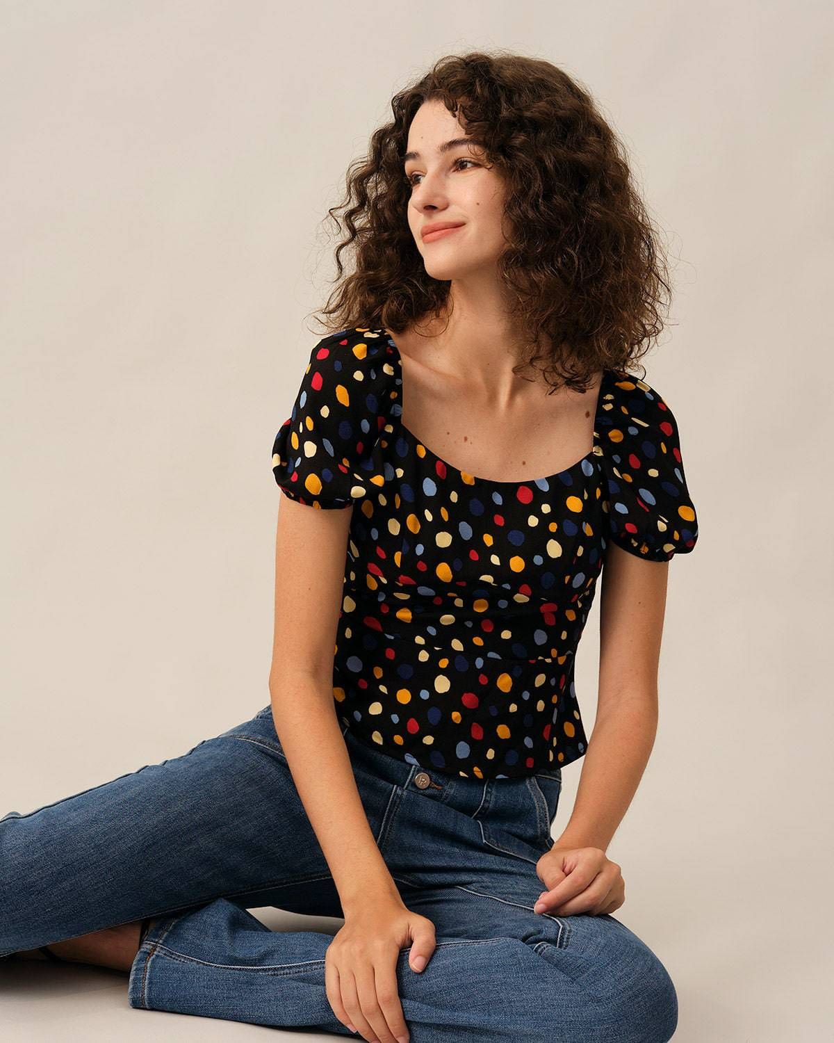 The Polka Dot Puff Sleeve Ruched Blouse sold by rihoas product image thumbnail 4