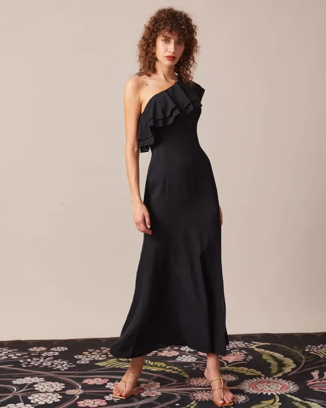 The Black One Shoulder Flounce Maxi Dress sold by rihoas