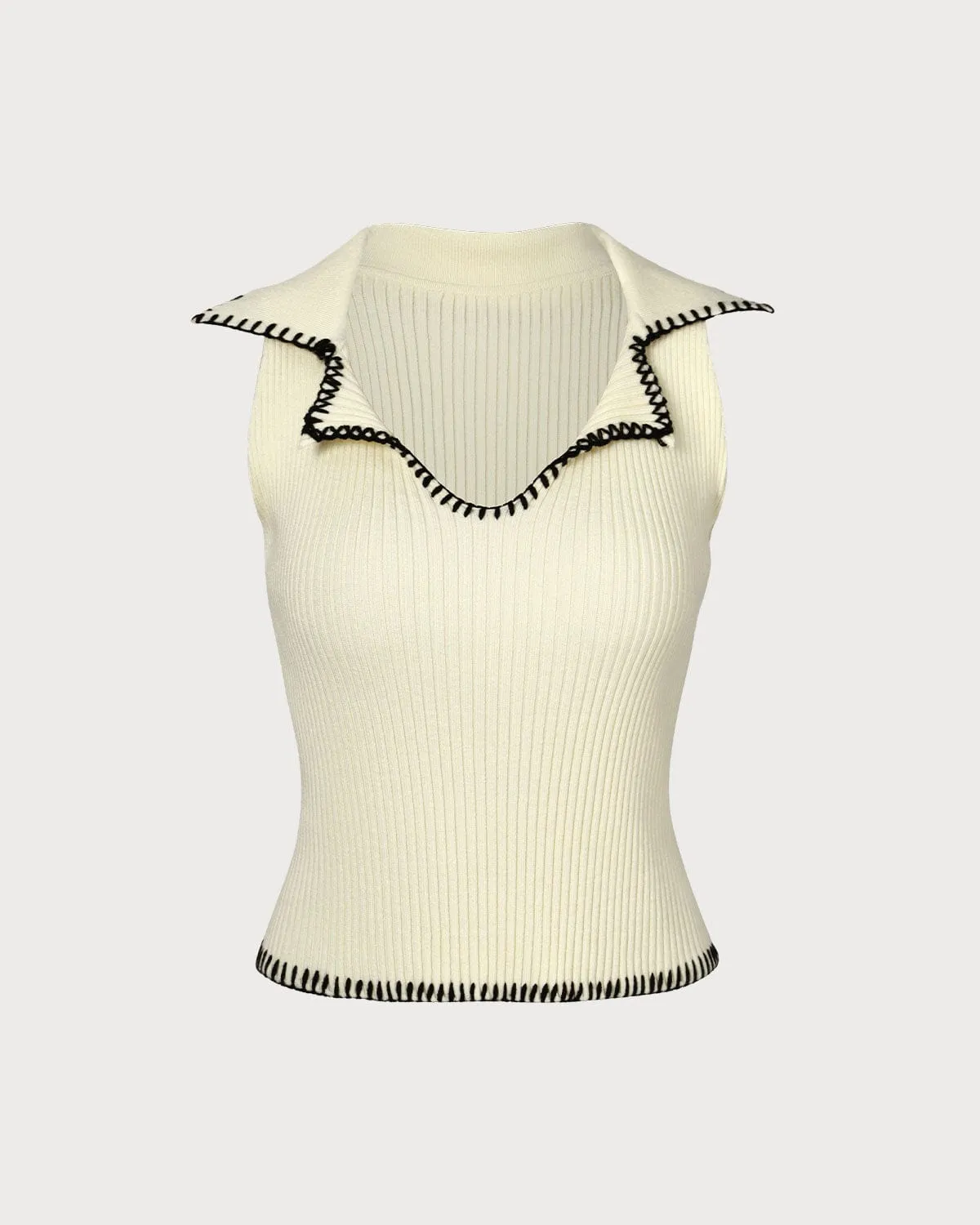 The Beige V Neck Seam Colorblock Ribbed Tank Top sold by rihoas product image thumbnail 3