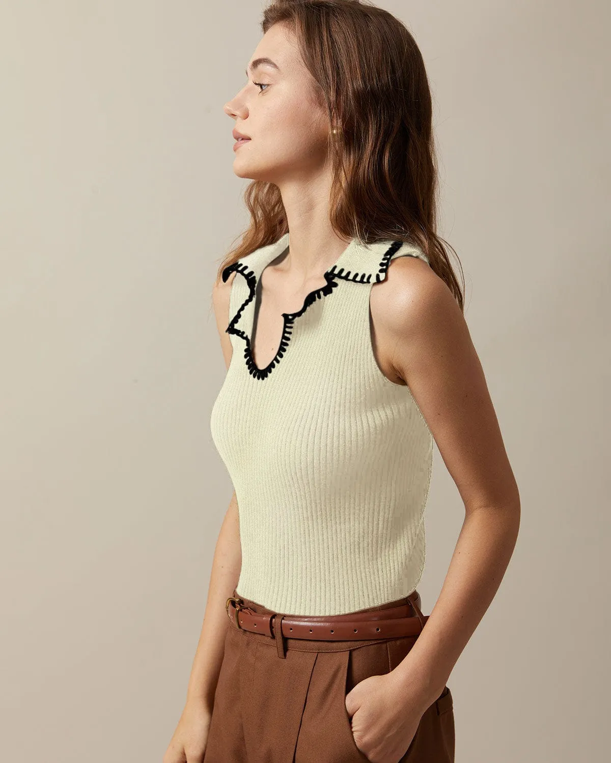 The Beige V Neck Seam Colorblock Ribbed Tank Top sold by rihoas