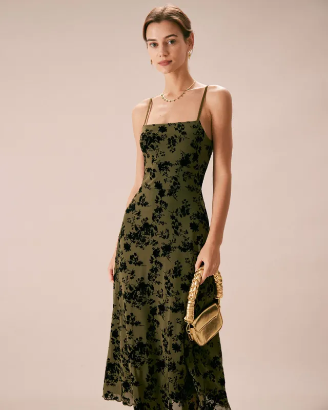 The Green Floral Burnout A-Line Slip Midi Dress sold by rihoas