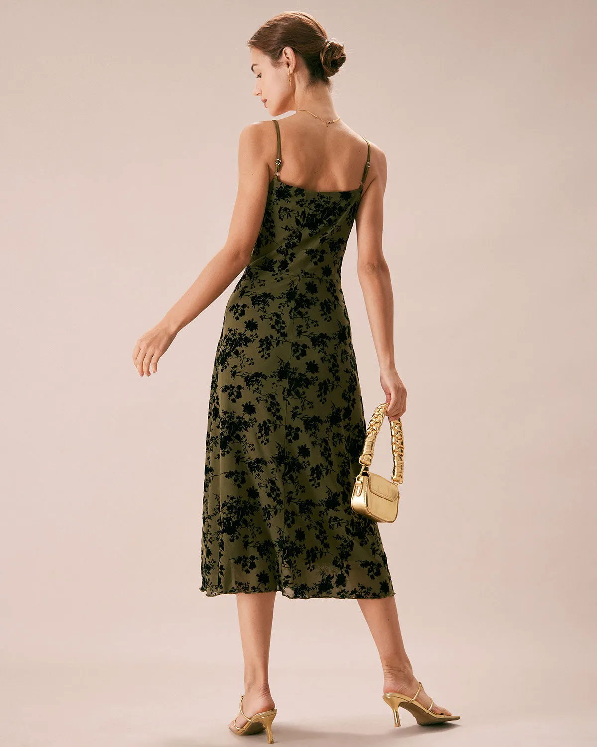 The Green Floral Burnout A-Line Slip Midi Dress sold by rihoas product image thumbnail 5