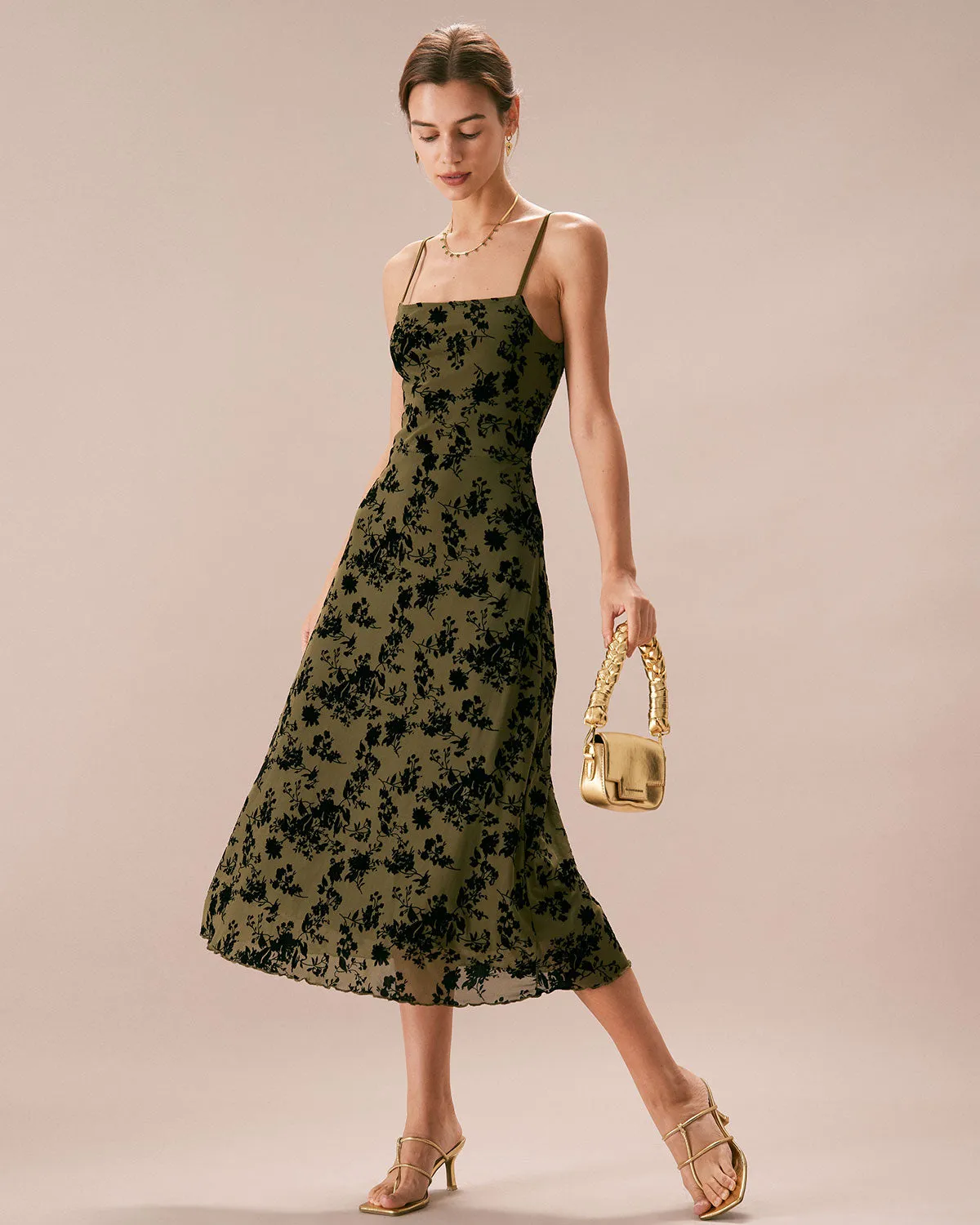 The Green Floral Burnout A-Line Slip Midi Dress sold by rihoas product image thumbnail 4