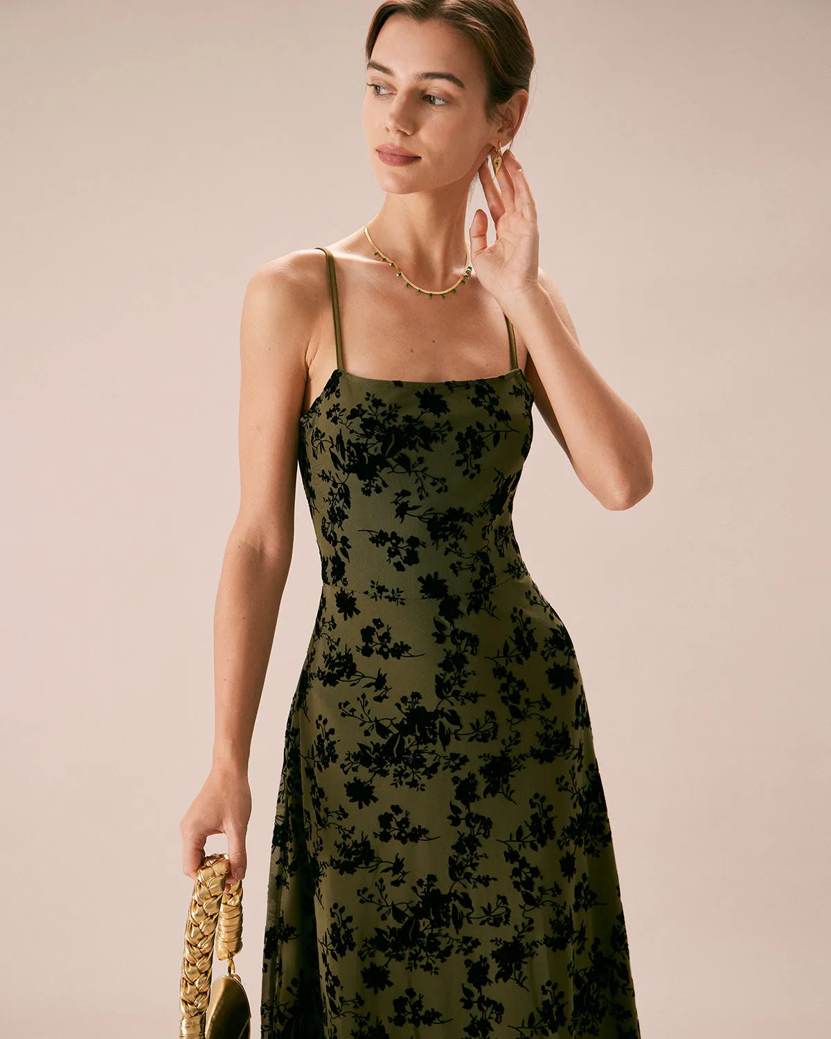 The Green Floral Burnout A-Line Slip Midi Dress sold by rihoas product image thumbnail 3
