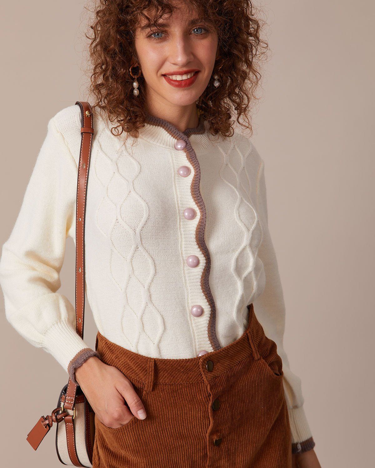 The Beige Contrast Trim Scalloped Cardigan sold by rihoas product image thumbnail 4