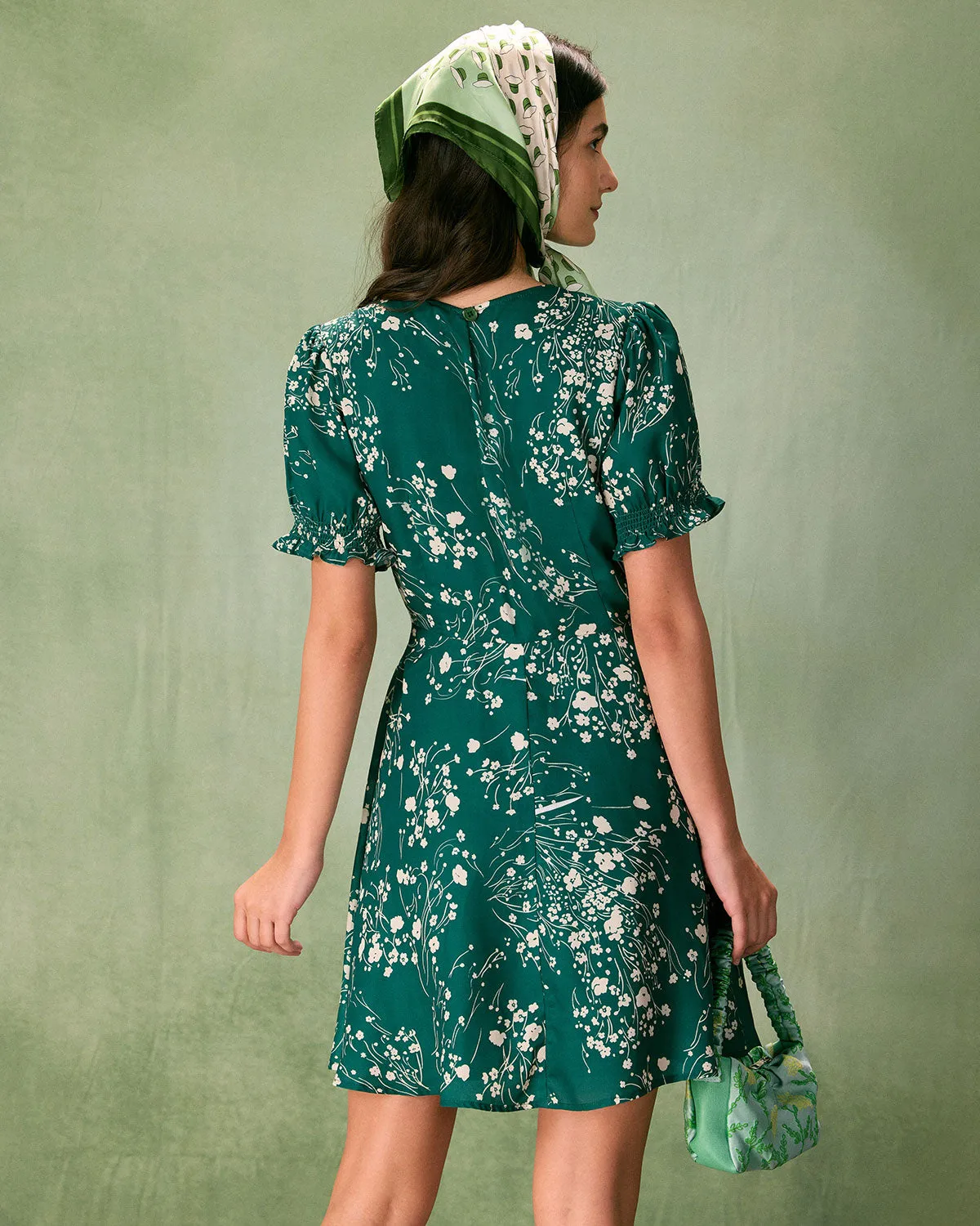 The Green Round Neck Floral Mini Dress sold by rihoas product image thumbnail 3