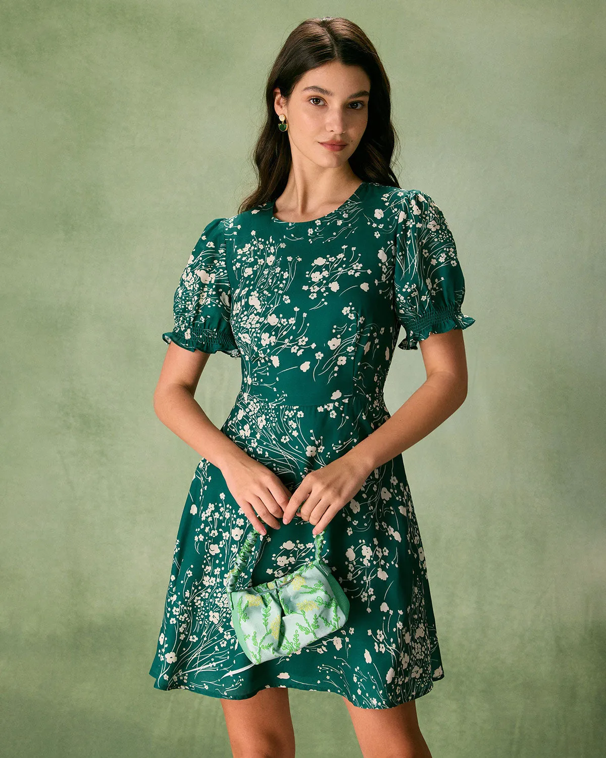 The Green Round Neck Floral Mini Dress sold by rihoas