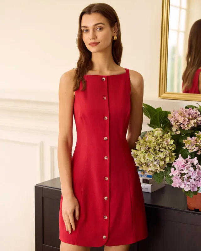 The Red Boat Neck Button Mini Dress sold by rihoas
