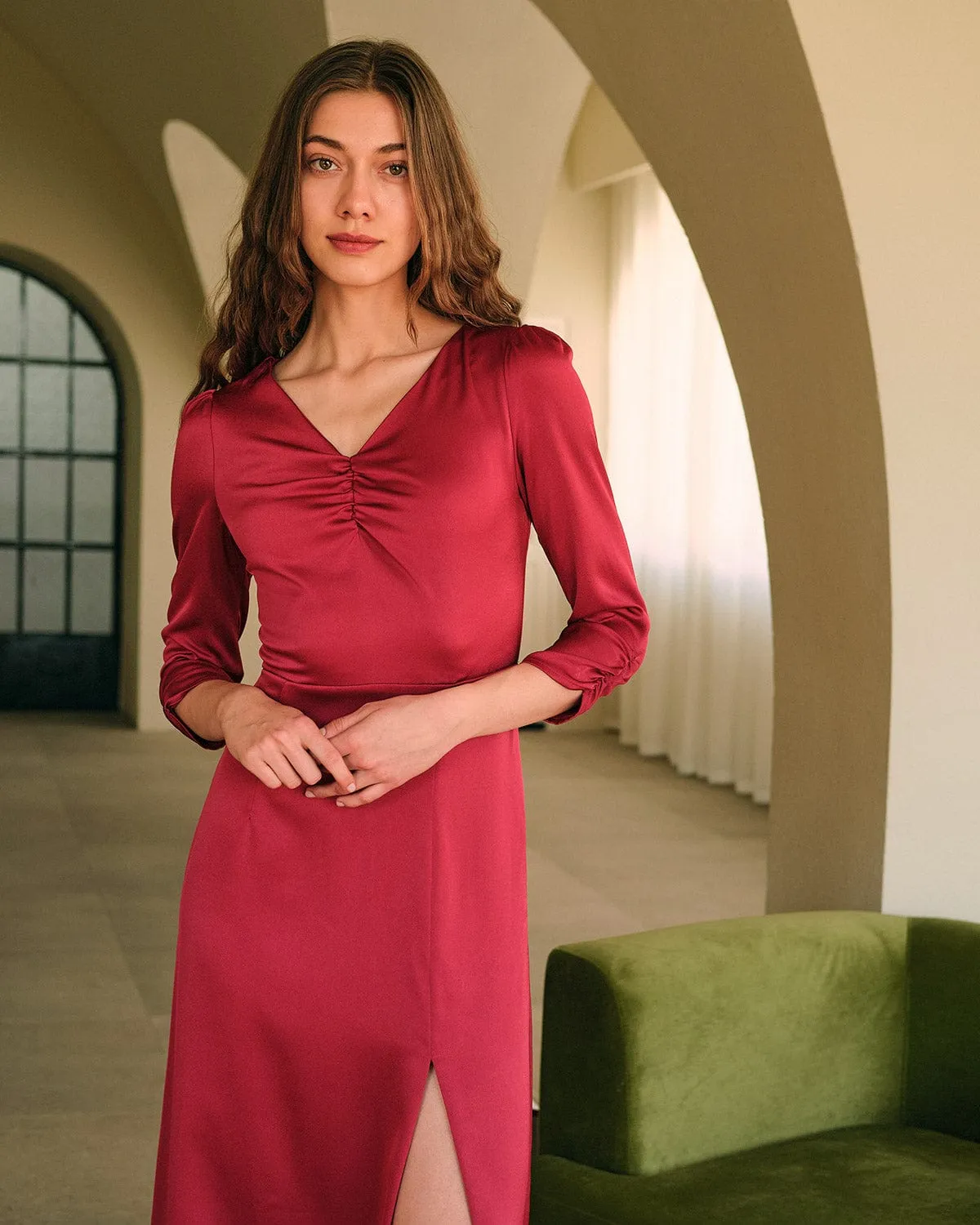 The Solid V Neck Slit Maxi Dress sold by rihoas product image thumbnail 4