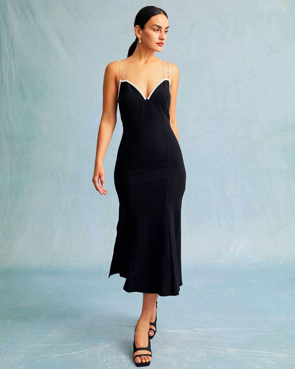 The Black V Neck Beaded Strap Midi Dress sold by rihoas