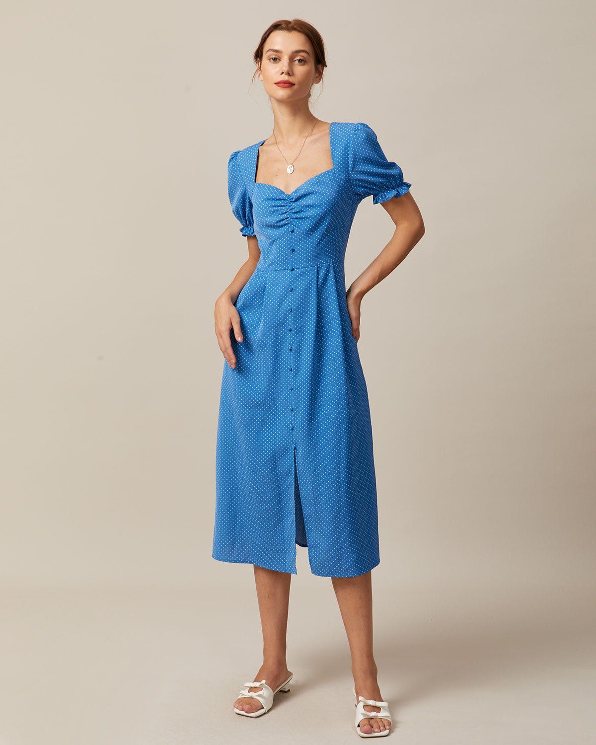The Blue Polka Dot Puff Sleeve Midi Dress sold by rihoas product image thumbnail 4