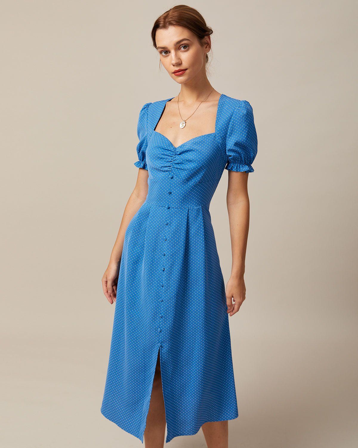 The Blue Polka Dot Puff Sleeve Midi Dress sold by rihoas