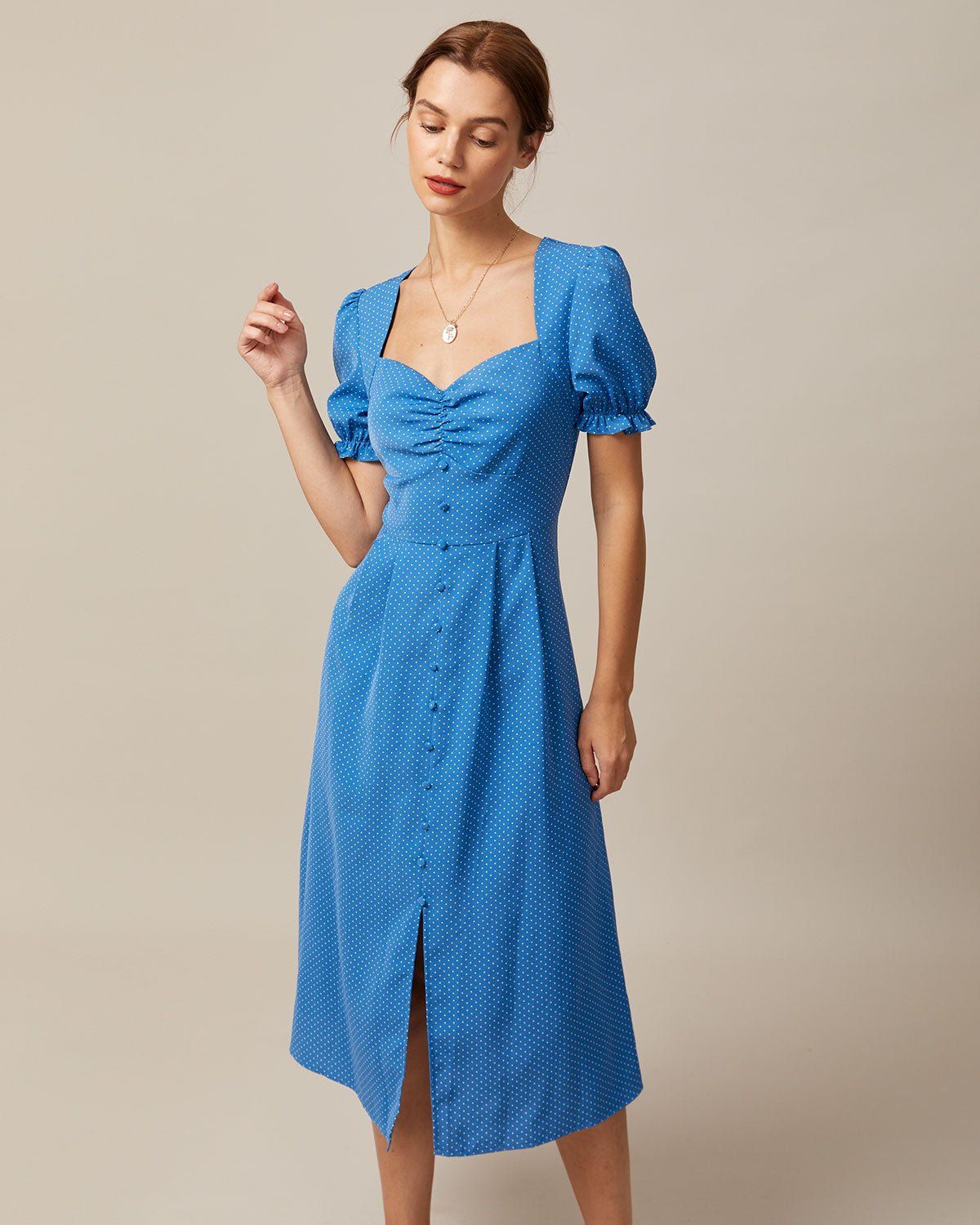 The Blue Polka Dot Puff Sleeve Midi Dress sold by rihoas product image thumbnail 5