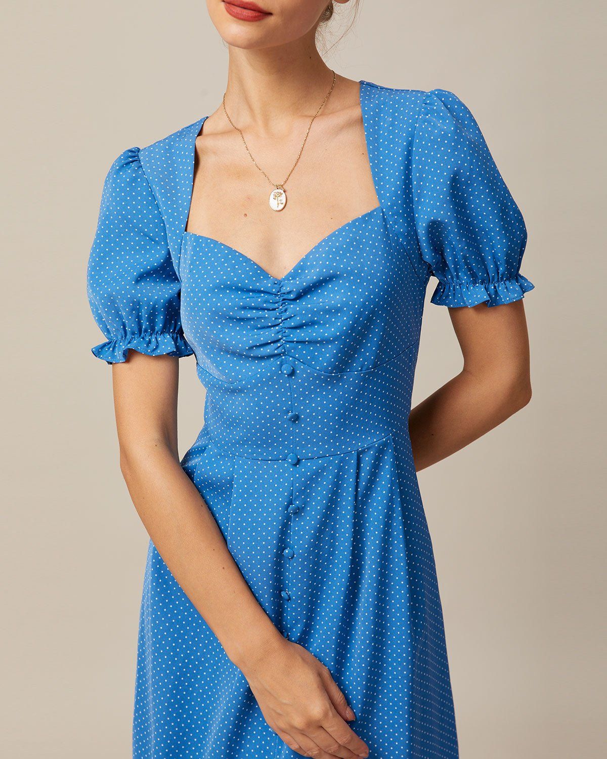 The Blue Polka Dot Puff Sleeve Midi Dress sold by rihoas product image thumbnail 3