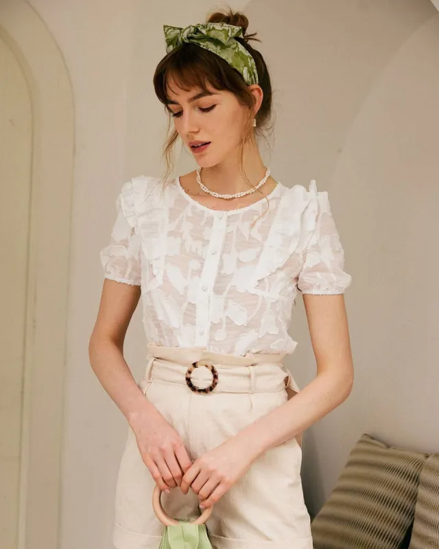 The See-through Jacquard Ruffle Blouse sold by rihoas