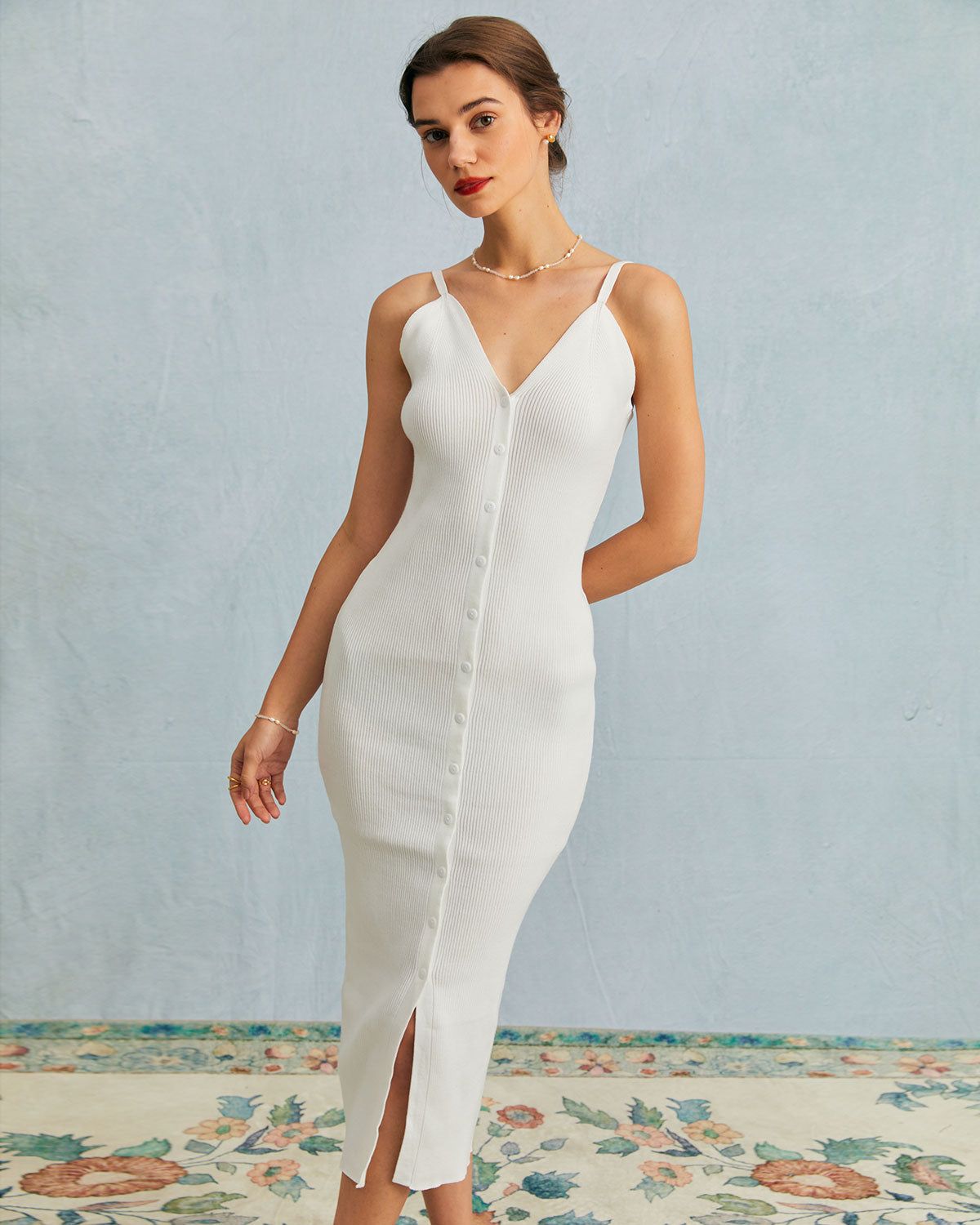 The White V Neck Ribbed Slit Kint Midi Dress sold by rihoas product image thumbnail 4