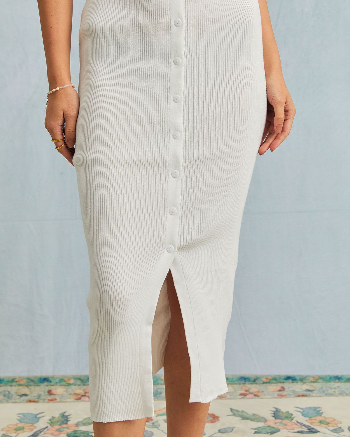 The White V Neck Ribbed Slit Kint Midi Dress sold by rihoas product image thumbnail 3