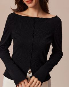 The Black Boat Neck Frill Trim Split Knit Top sold by rihoas