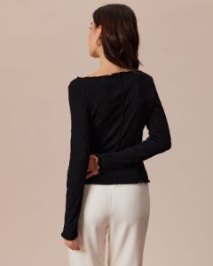 The Black Boat Neck Frill Trim Split Knit Top sold by rihoas