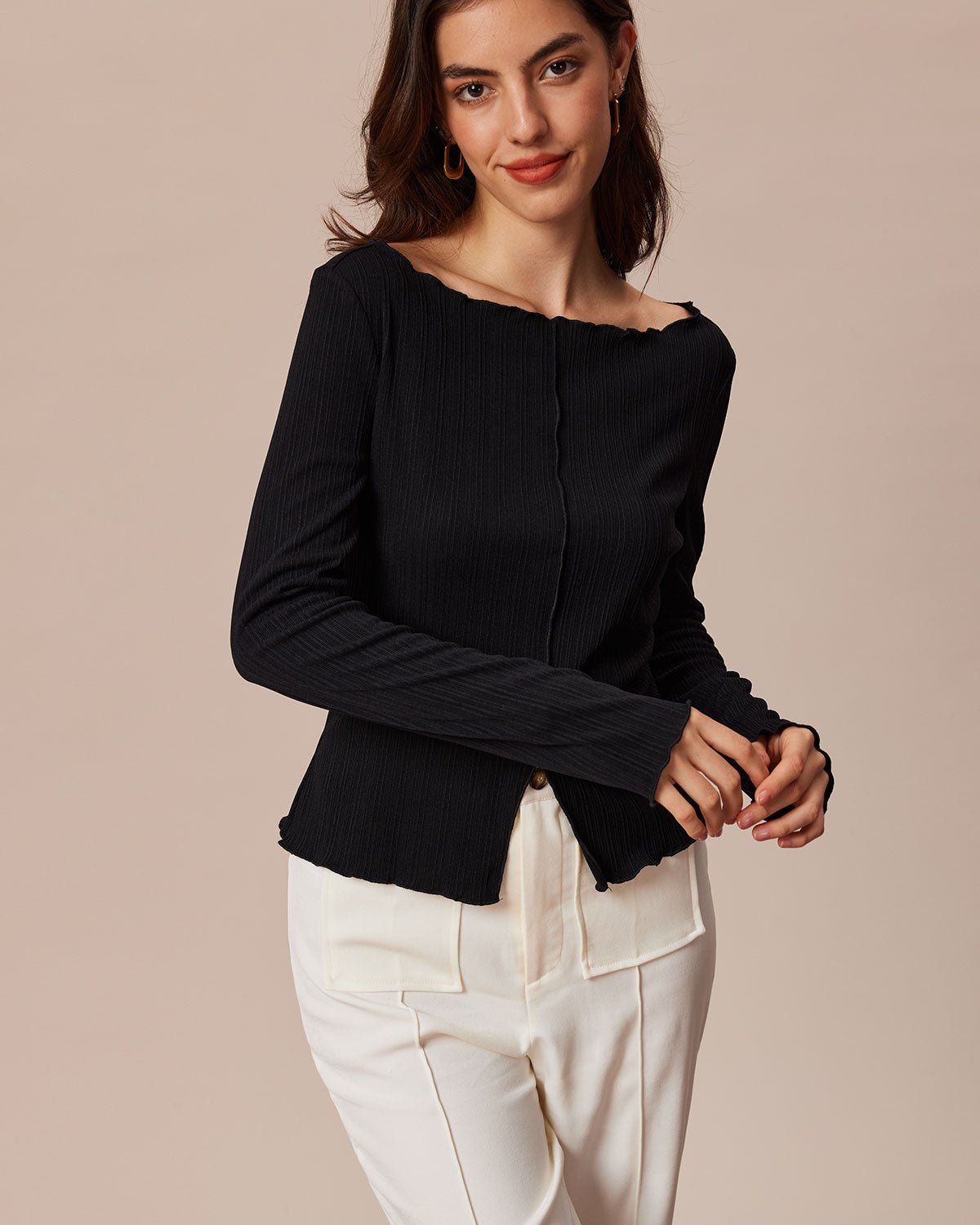 The Black Boat Neck Frill Trim Split Knit Top sold by rihoas