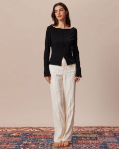 The Black Boat Neck Frill Trim Split Knit Top sold by rihoas