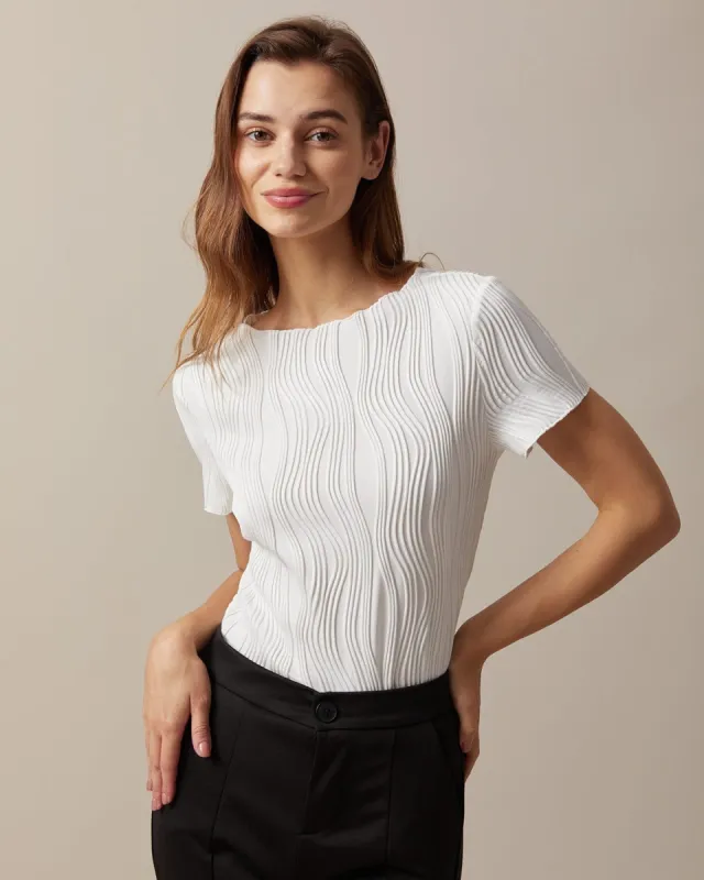 The Solid Boat Neck Water Ripple Textured Tee sold by rihoas