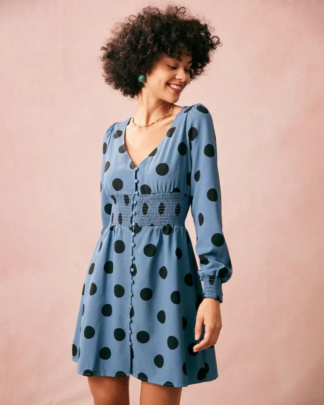 The Blue V Neck Polka Dot Long Sleeve Mini Dress sold by rihoas