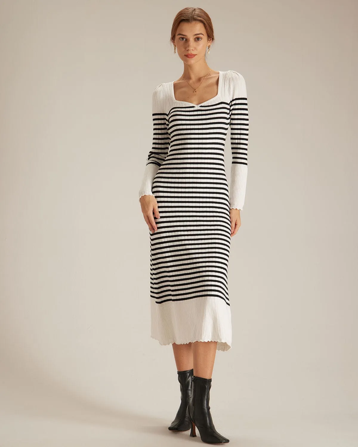 The Black Sweetheart Neck Striped Midi Dress sold by rihoas product image thumbnail 4