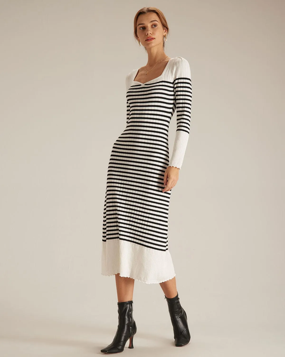The Black Sweetheart Neck Striped Midi Dress sold by rihoas product image thumbnail 5