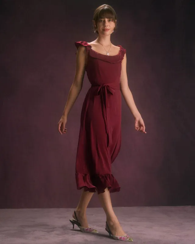 The Wine Red Scoop Neck Shirred Midi Dress sold by rihoas