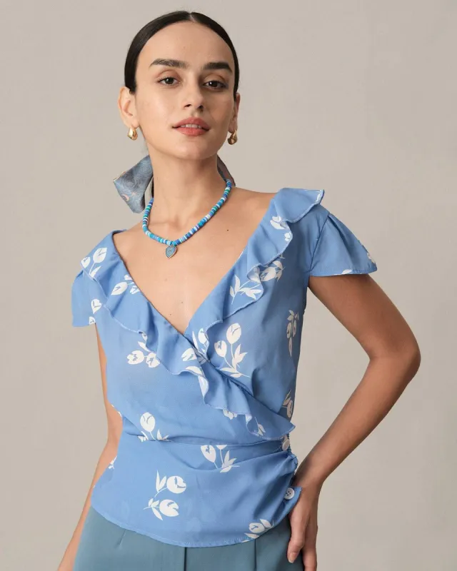 The Cap Sleeve Ruffle V Neck Blouse sold by rihoas