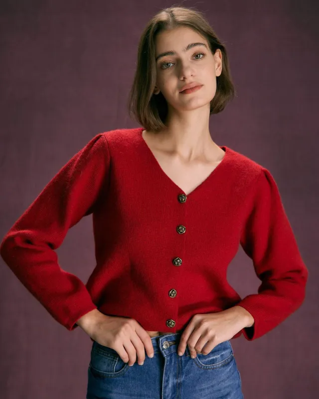 The Red V Neck Button Puff Sleeve Cardigan sold by rihoas