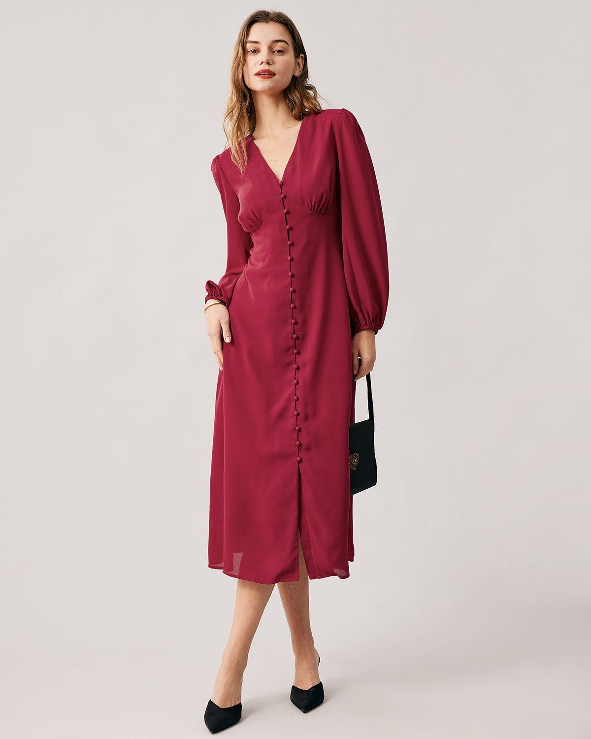 The Red V Neck Single-breasted Long Sleeve Midi Dress sold by rihoas product image thumbnail 4